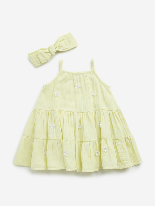 HOP Baby Lime Embroidered Tiered Cotton Dress & Headband