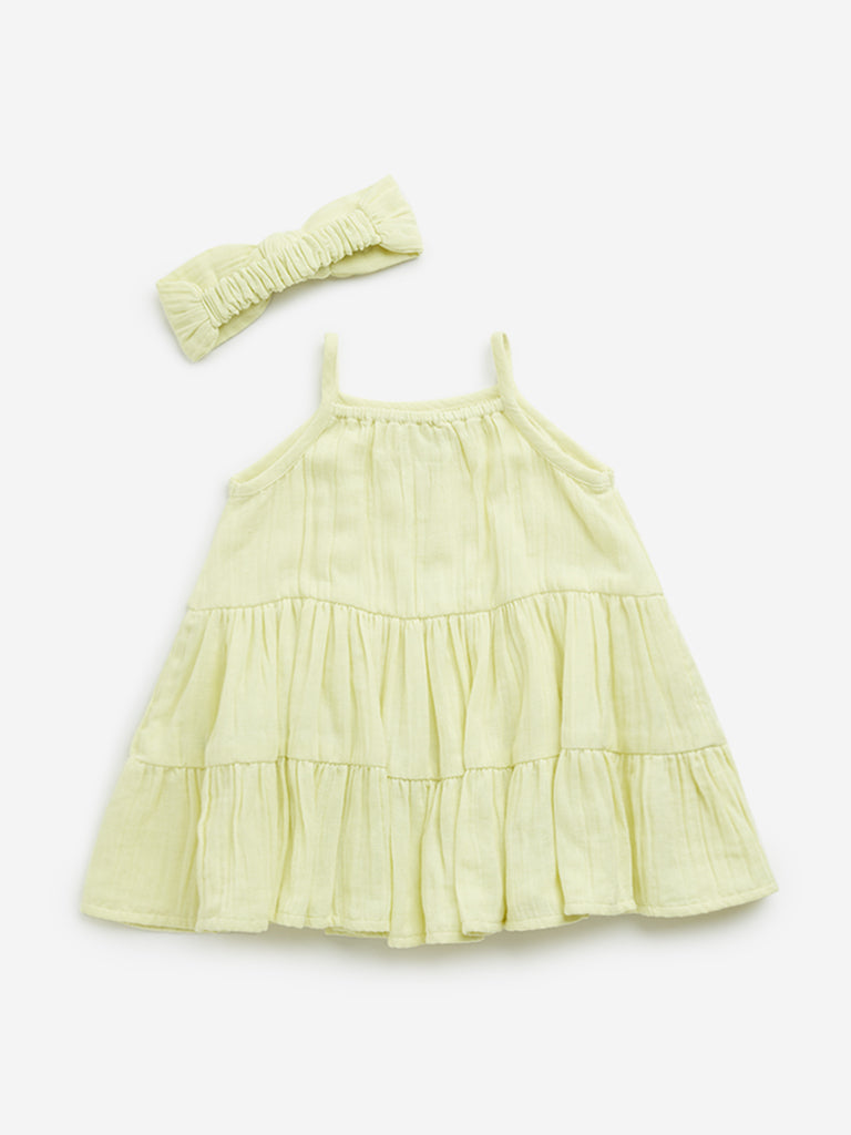 HOP Baby Lime Embroidered Tiered Cotton Dress & Headband