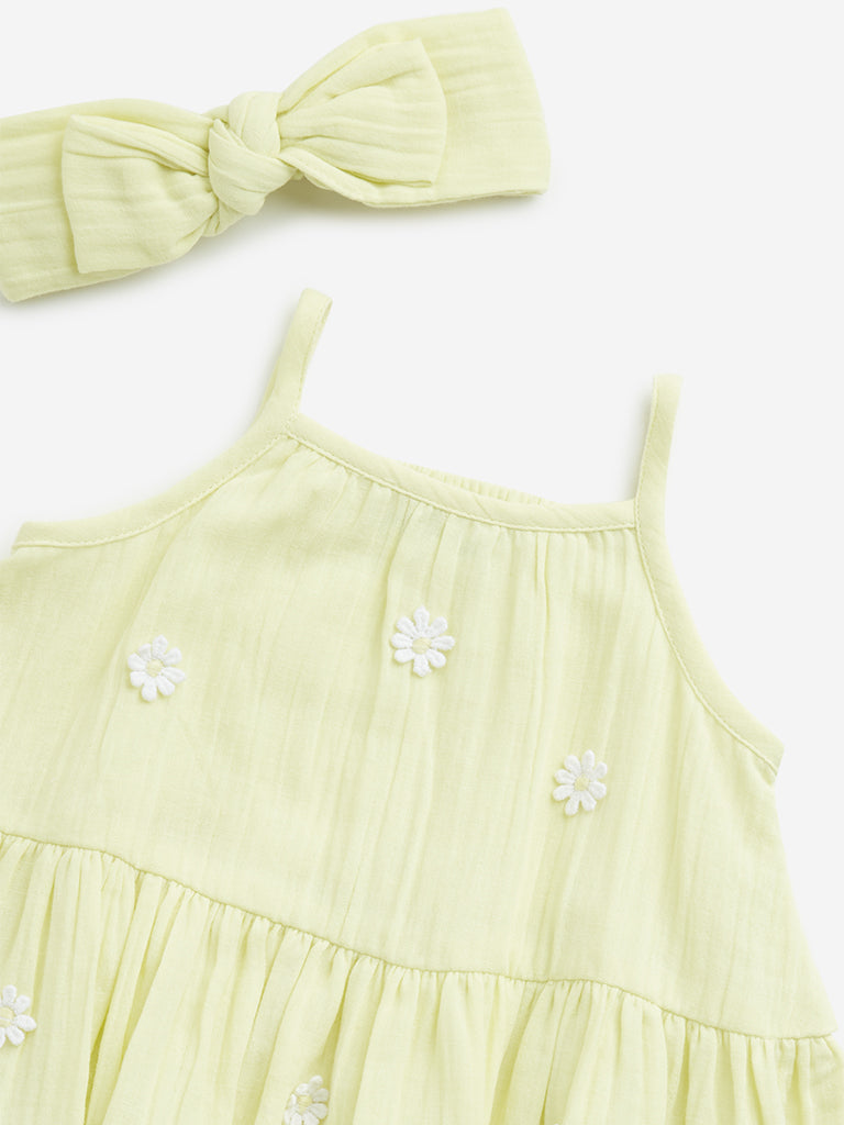 HOP Baby Lime Embroidered Tiered Cotton Dress & Headband