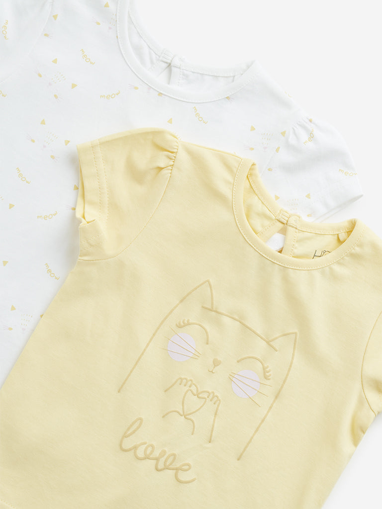 HOP Baby Yellow Printed Cotton T-Shirts - Pack of 2