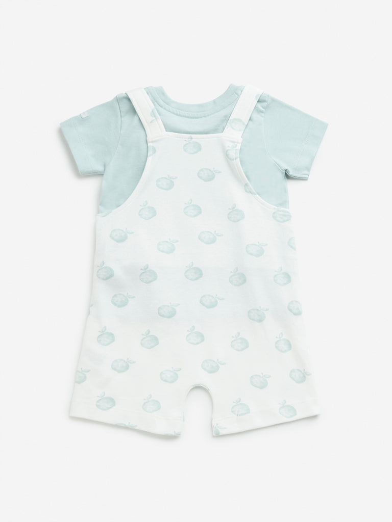 HOP Baby White Printed Cotton Dungaree with T-Shirt Set