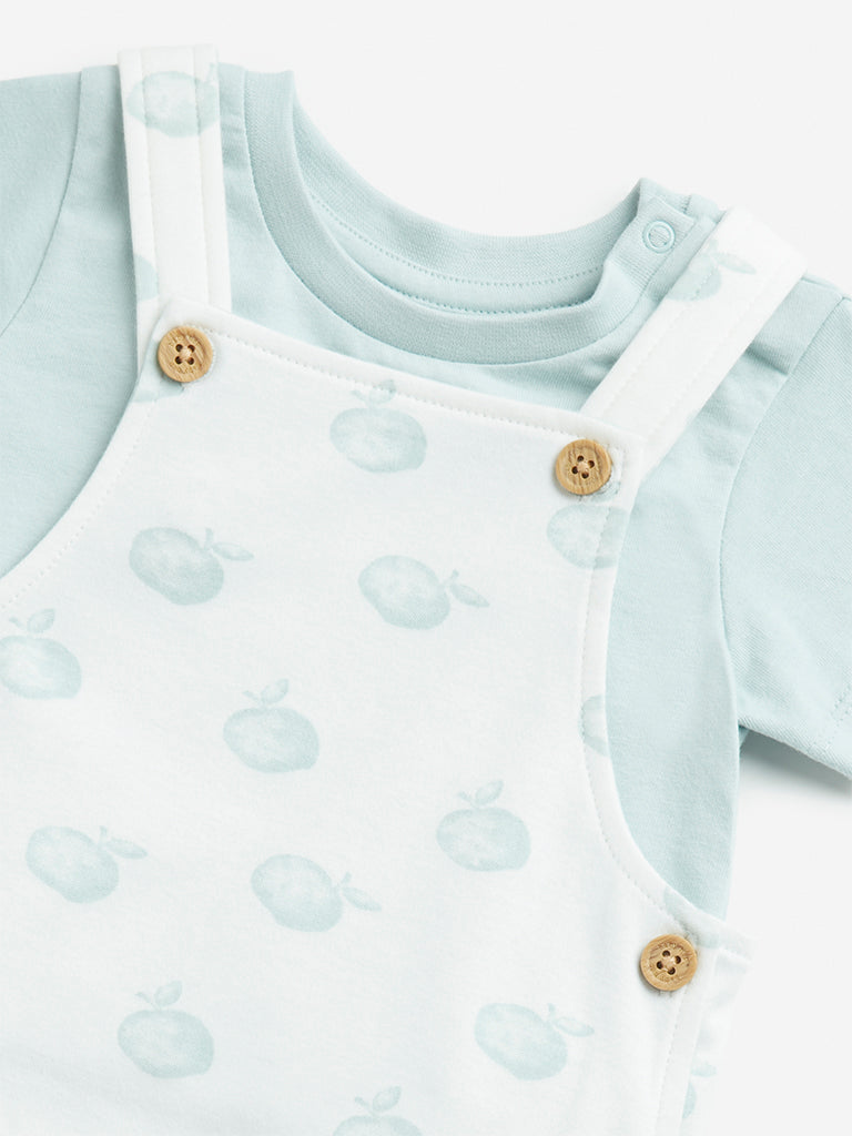 HOP Baby White Printed Cotton Dungaree with T-Shirt Set