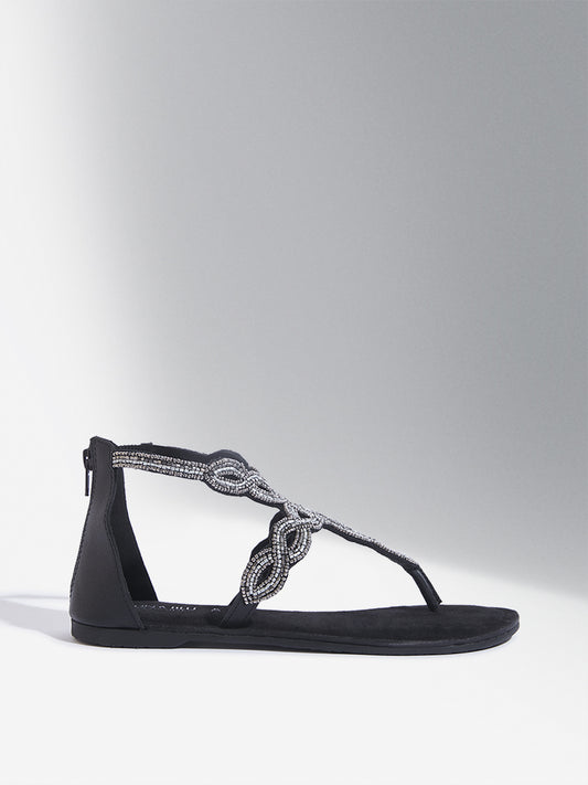 LUNA BLU Black Embellished T-Strap Sandals