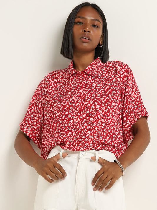 Nuon Red Ditsy Floral Printed Shirt