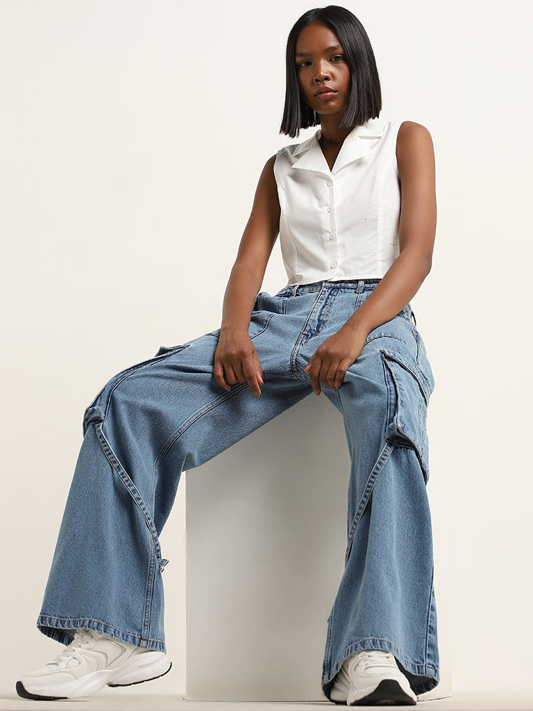 Nuon Blue Relaxed - Fit Cargo-Style High - Rise Jeans