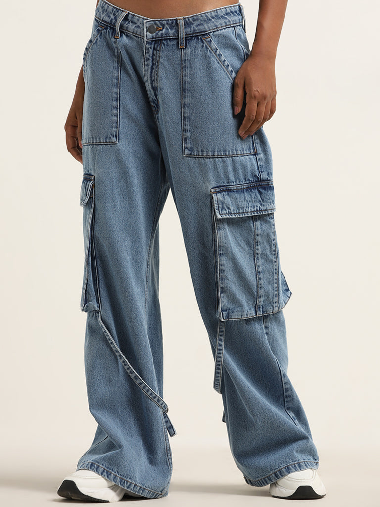 Nuon Blue Relaxed - Fit Cargo-Style High - Rise Jeans