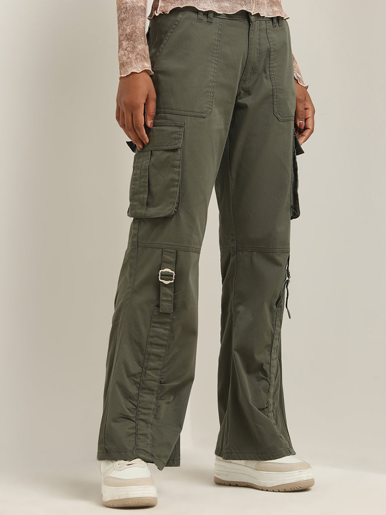 Buy Nuon Olive Relaxed - Fit Mid - Rise Cargo-Style Jeans from Westside