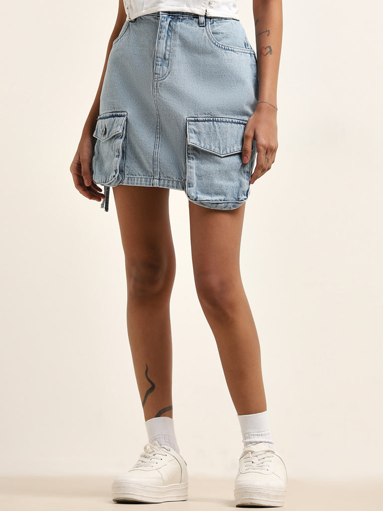 Nuon Light Blue Cargo-Style High-Rise Denim Skirt