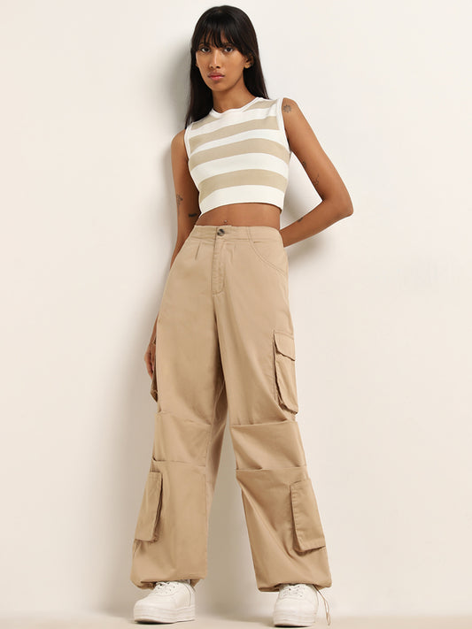 Nuon Beige Cargo-Style High-Rise Cotton Blend Trousers