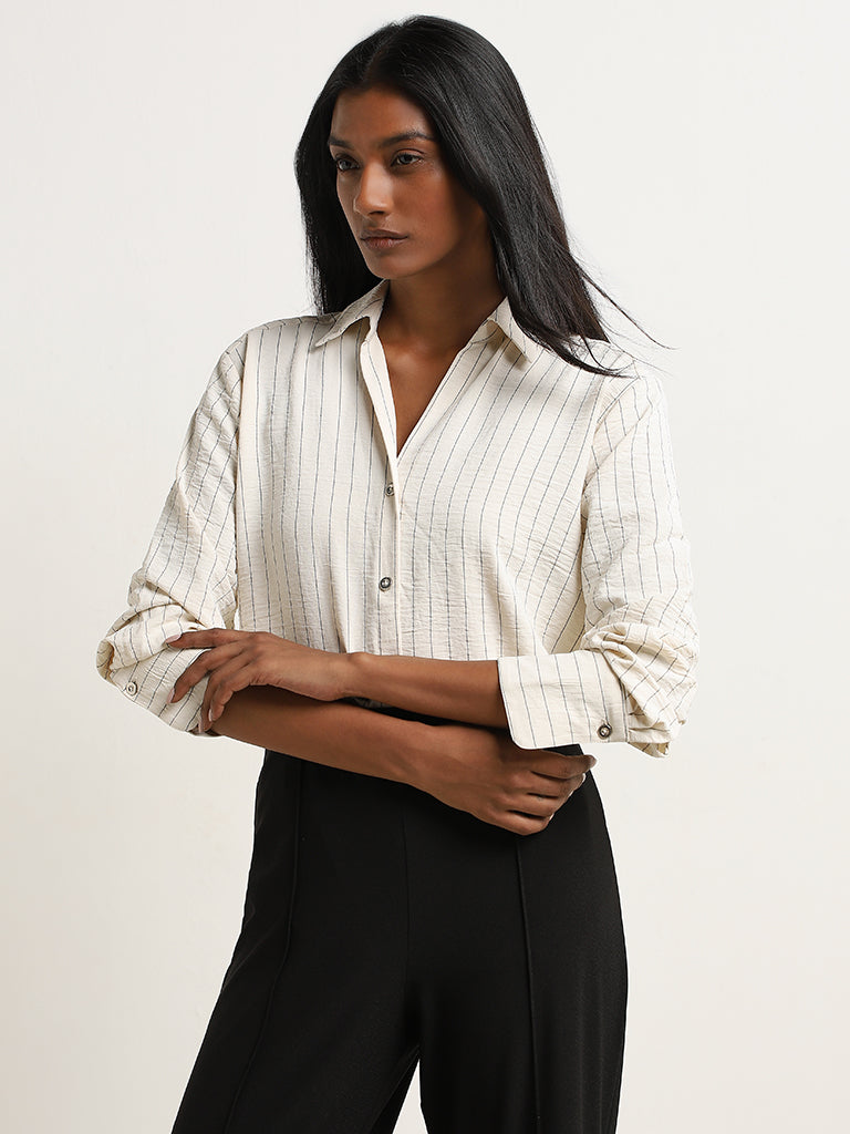 Wardrobe Off-White Pinstripe Patterned Textured Shirt