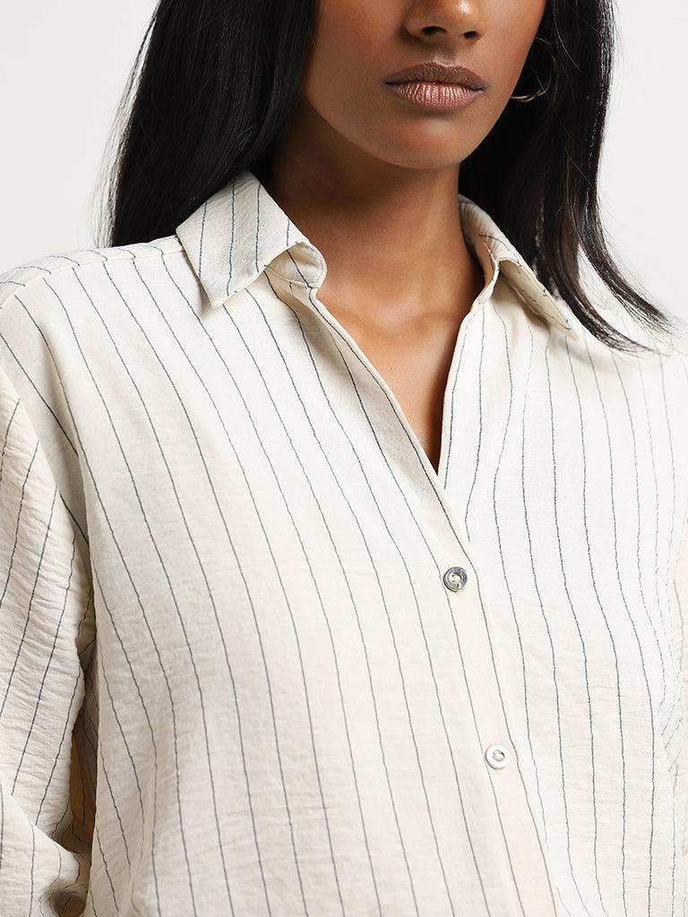 Wardrobe Off-White Pinstripe Patterned Textured Shirt