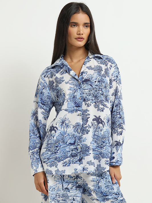 Wardrobe Ivory & Blue Foliage Printed Shirt