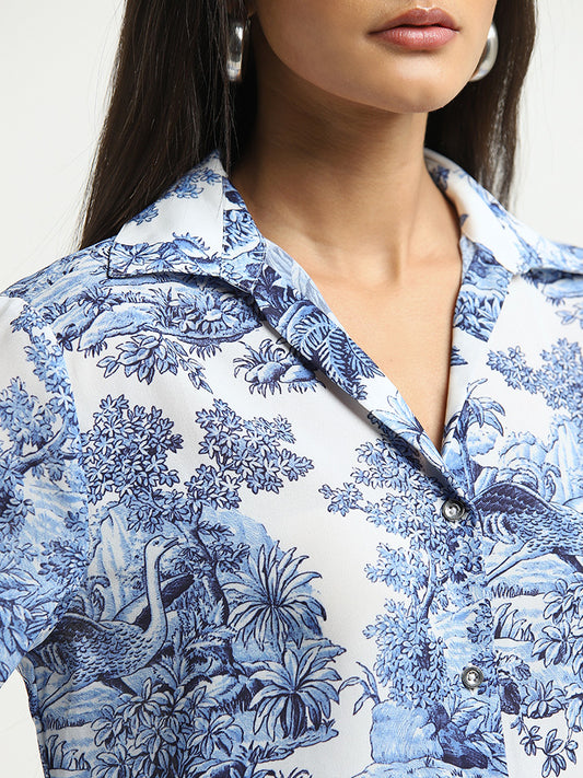 Wardrobe Ivory & Blue Foliage Printed Shirt