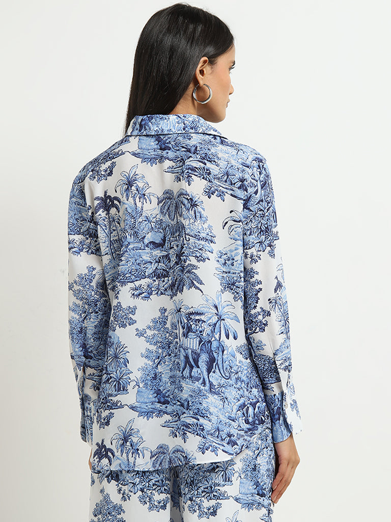 Wardrobe Ivory & Blue Foliage Printed Shirt