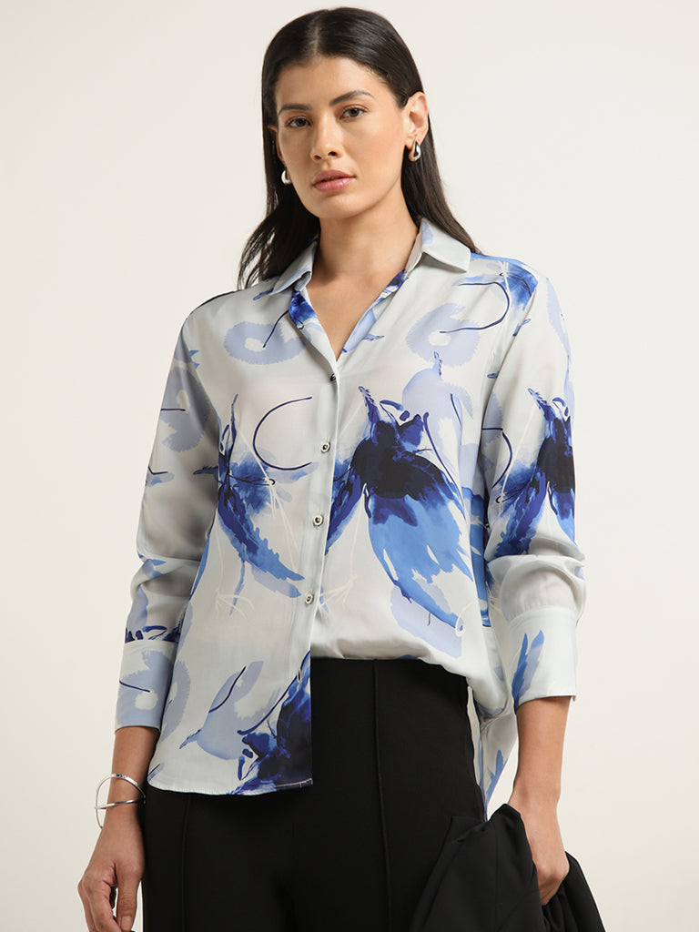 Wardrobe Ivory & Navy Abstract Printed Shirt