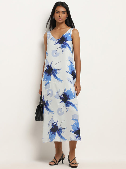 Wardrobe Ivory & Navy Abstract Printed A-Line Dress