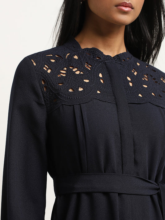 Wardrobe Navy Embroidered A-Line Dress with Belt