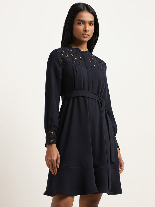 Wardrobe Navy Embroidered A-Line Dress with Belt
