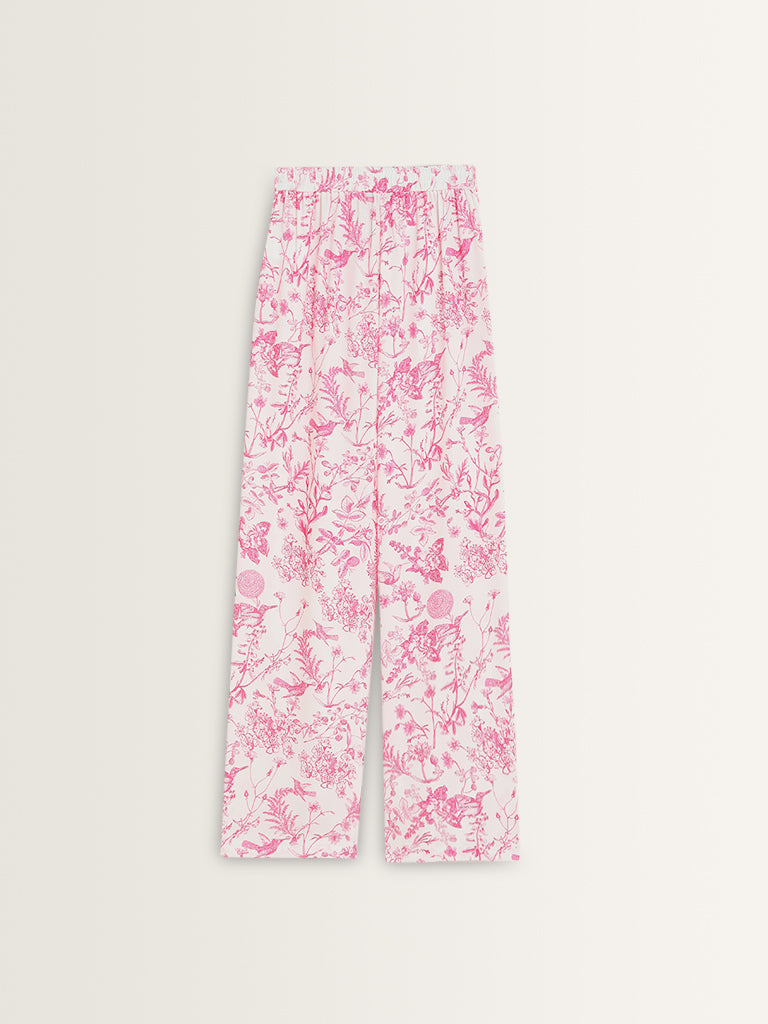 Wardrobe Pink Foliage Pattern Flared Mid-Rise Trousers