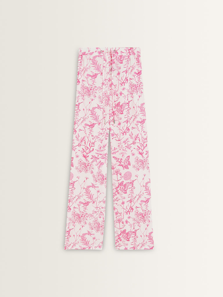 Wardrobe Pink Foliage Pattern Flared Mid-Rise Trousers