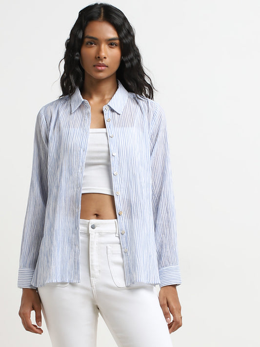 LOV Blue Stripe Patterned Crinkled Cotton Shirt