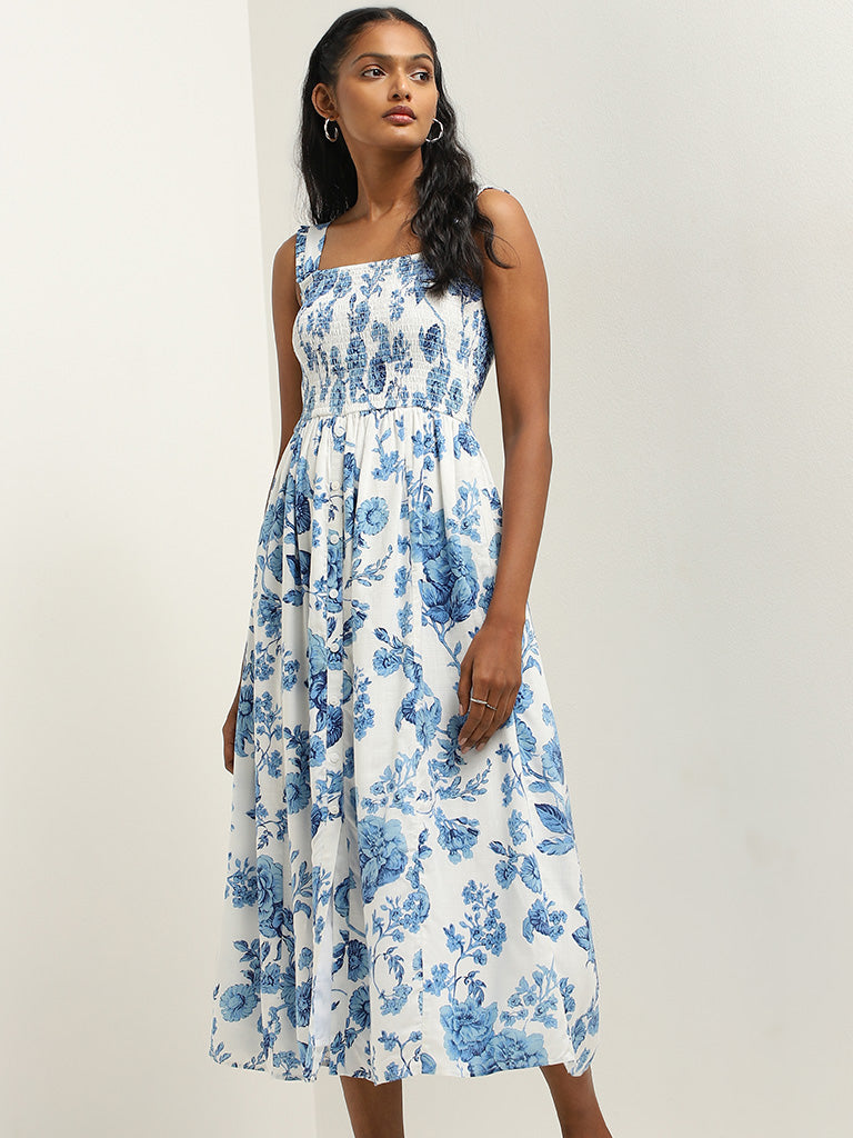 Buy LOV Blue Floral Print A line Dress from Westside