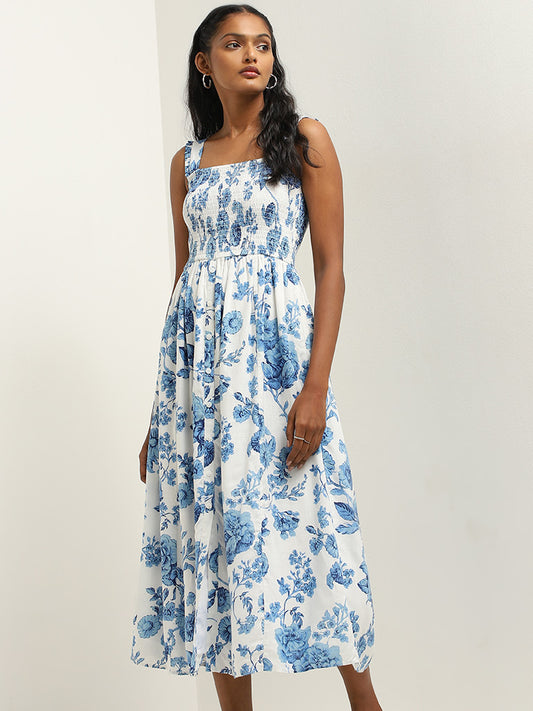 LOV Blue Floral Print A-line Dress