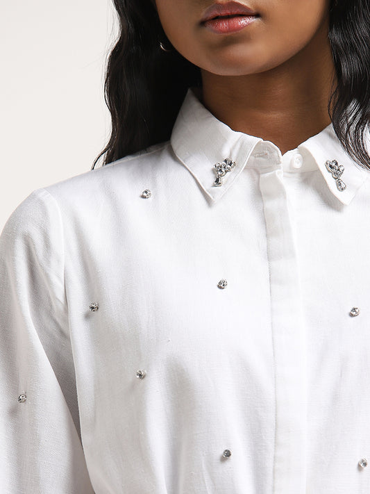 LOV White Diamante Design Shirt Cotton Dress with Belt