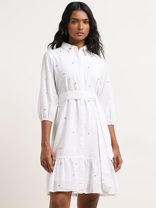 LOV White Diamante Design Shirt Cotton Dress with Belt