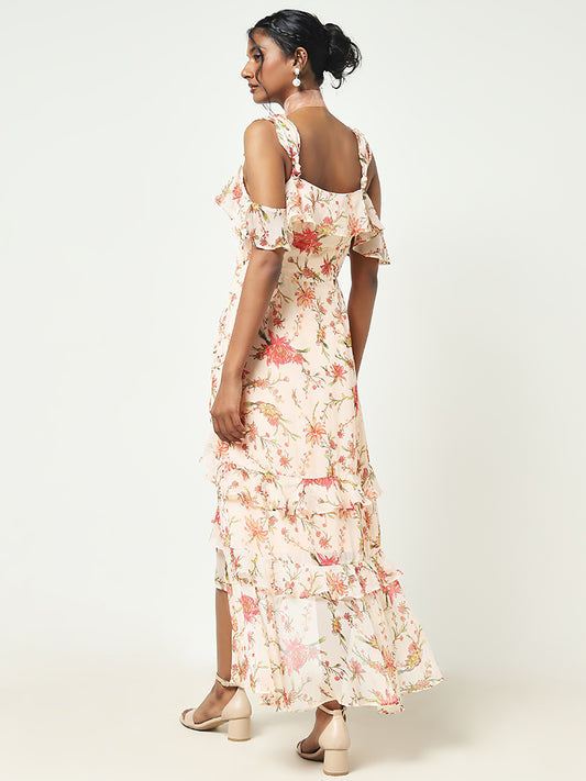 LOV Light Peach Floral Pattern Asymmetrical Dress