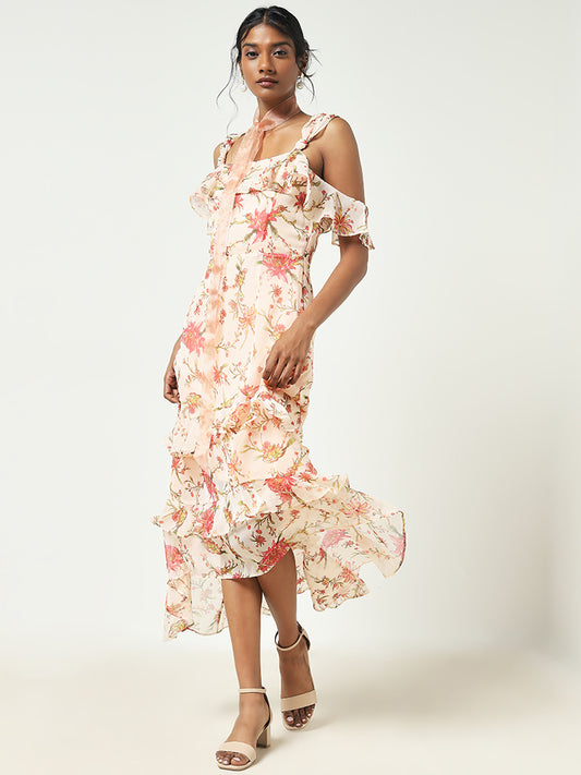 LOV Light Peach Floral Pattern Asymmetrical Dress