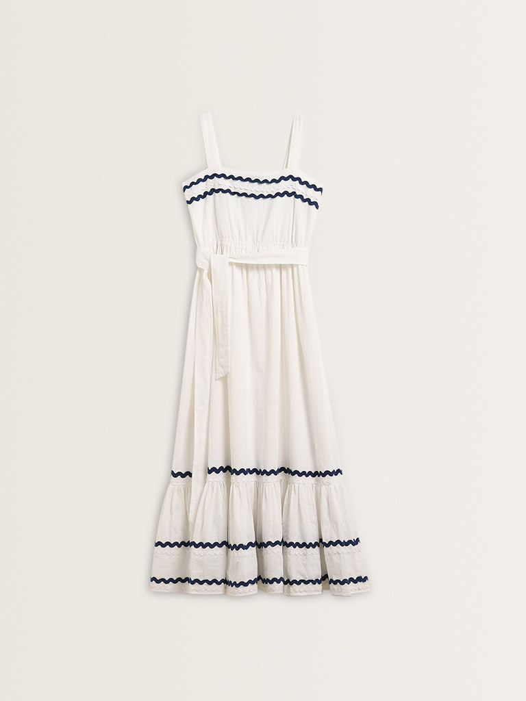 LOV White Embroidered Tiered Cotton Dress with Belt