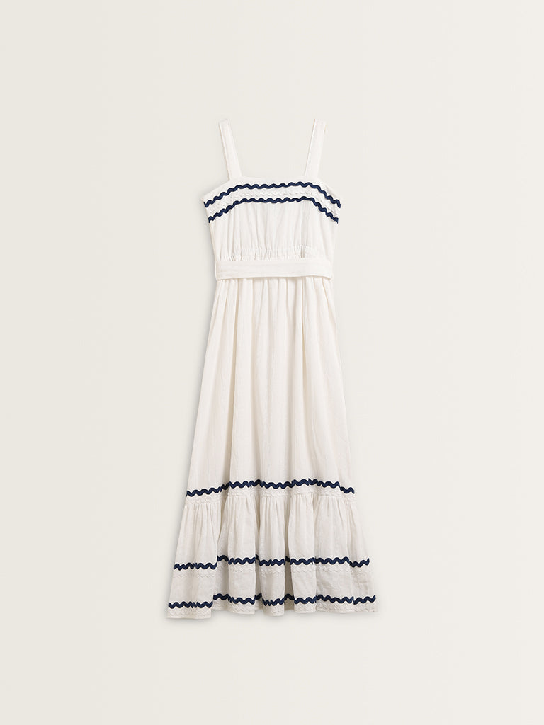 LOV White Embroidered Tiered Cotton Dress with Belt