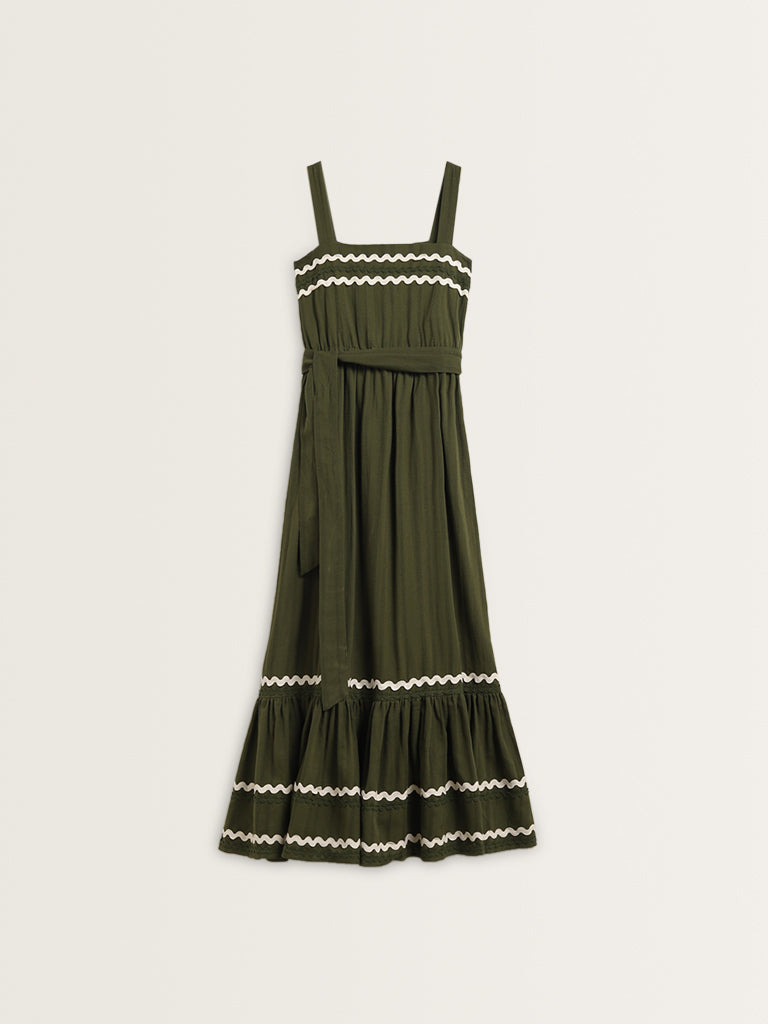 LOV Olive Embroidered Tiered Cotton Dress with Belt