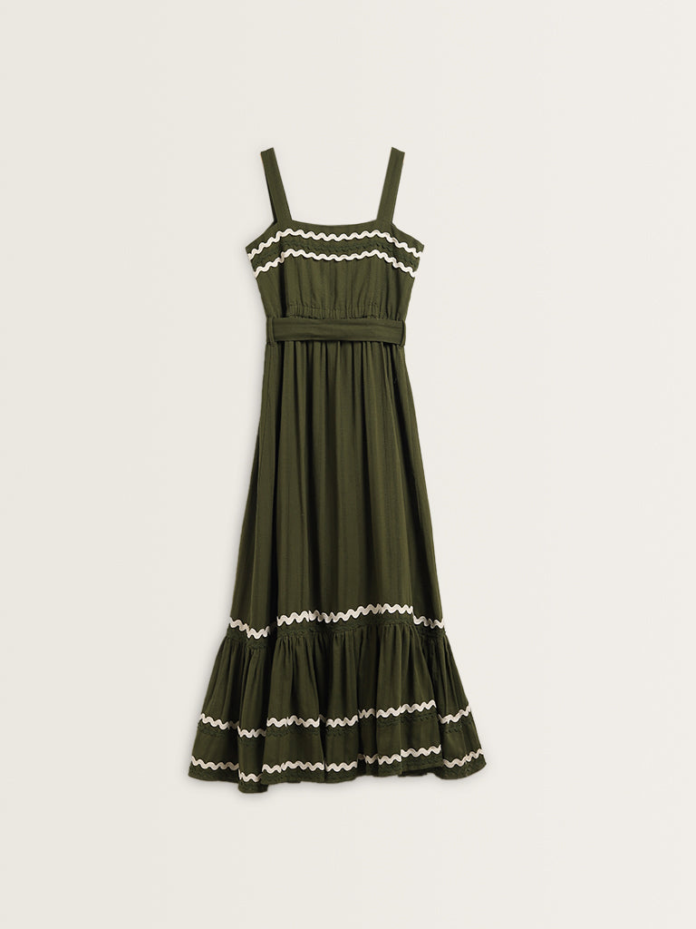 LOV Olive Embroidered Tiered Cotton Dress with Belt