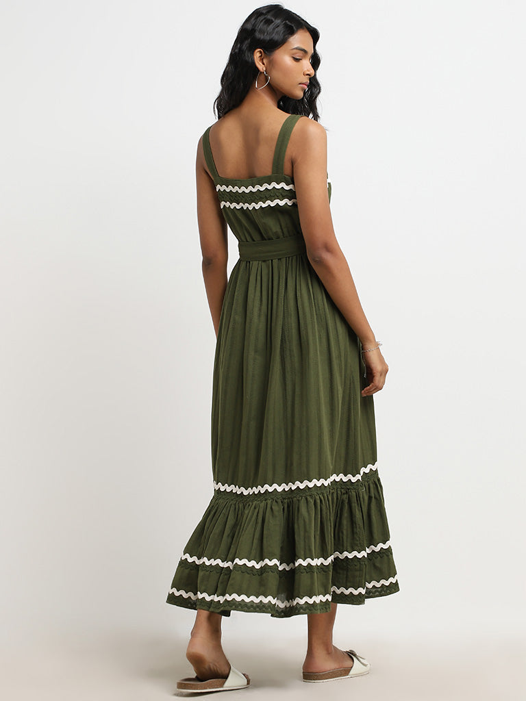 LOV Olive Embroidered Tiered Cotton Dress with Belt