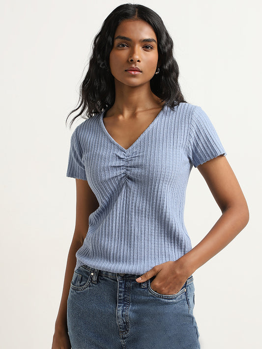 LOV Blue Ribbed Textured Top
