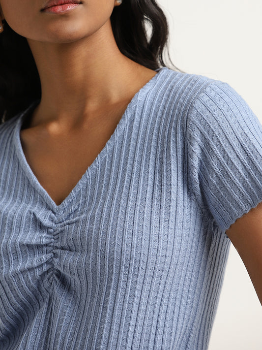 LOV Blue Ribbed Textured Top