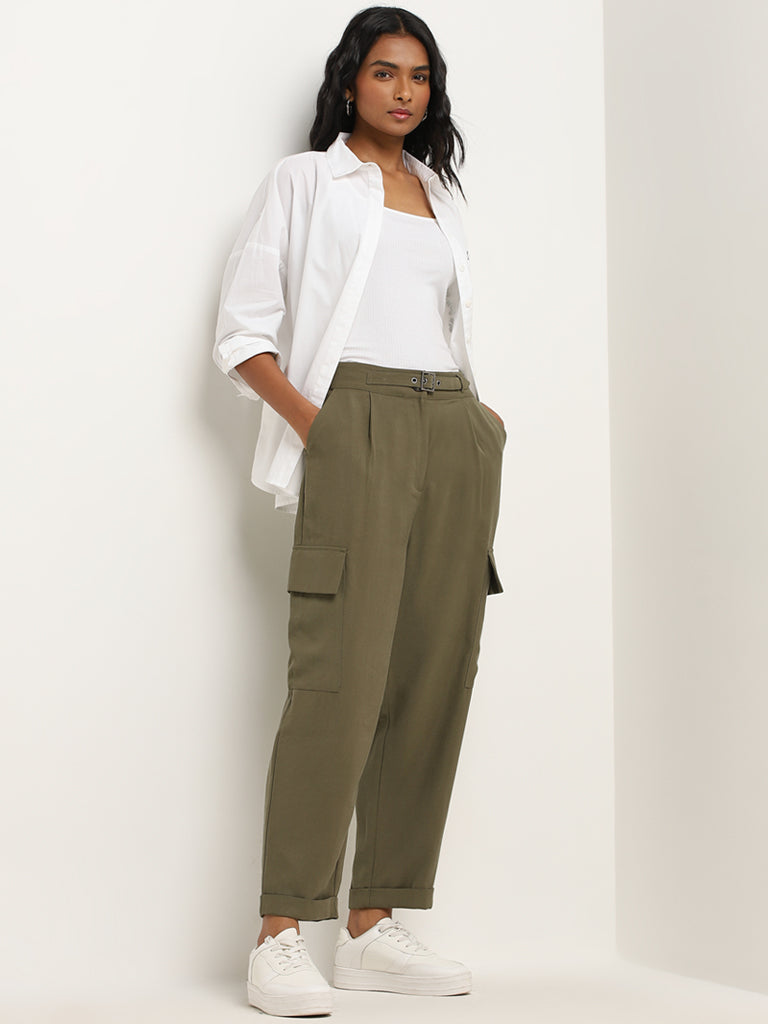 LOV Olive Cargo-Style Mid-Rise Pants