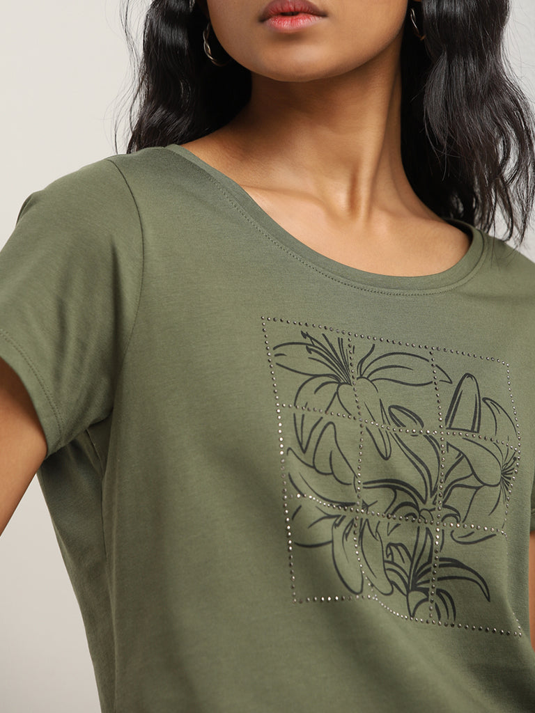 LOV Olive Floral Printed Cotton T-Shirt