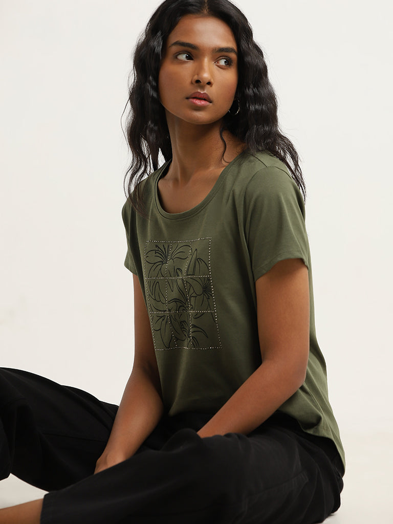 LOV Olive Floral Printed Cotton T-Shirt