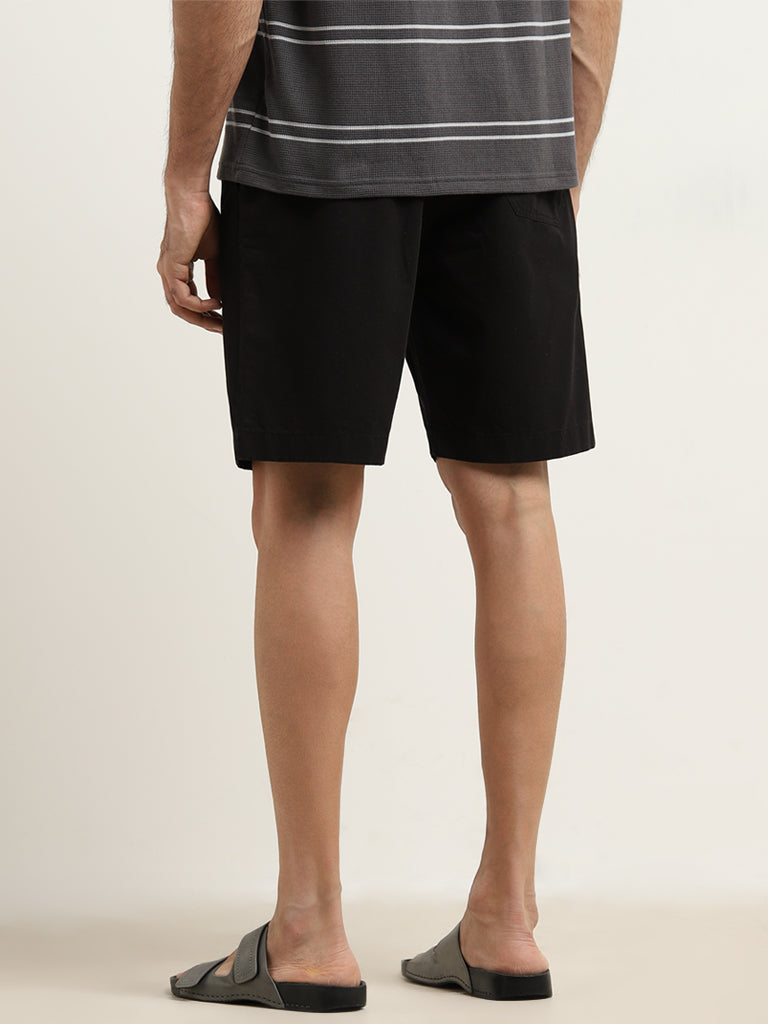 WES Lounge Black Relaxed-Fit Mid-Rise Cotton Shorts