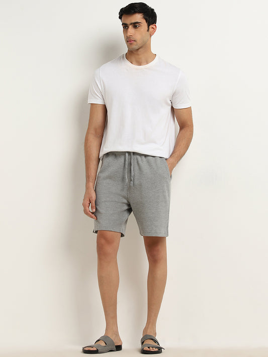 WES Lounge Grey Melange Waffle Textured Relaxed-Fit Mid-Rise Shorts