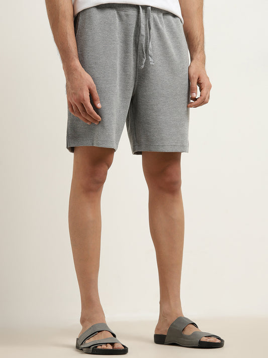 WES Lounge Grey Waffle Textured Relaxed-Fit Mid-Rise Shorts