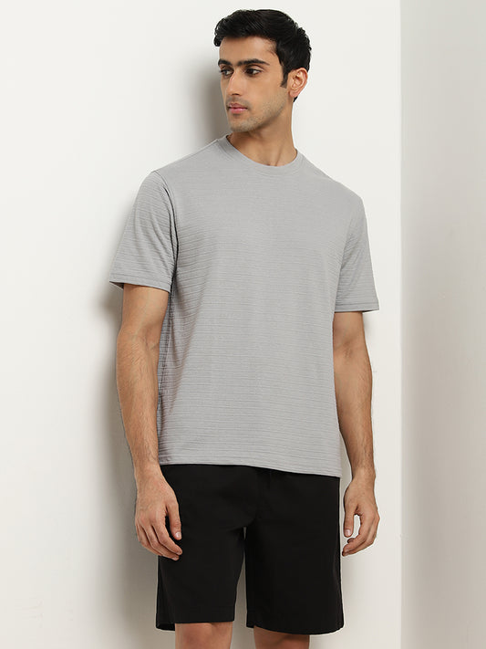 WES Lounge Grey Self-Striped Knitted Relaxed-Fit T-Shirt