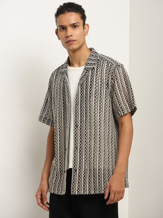 ETA Black Textured Crochet Relaxed-Fit Cotton Shirt