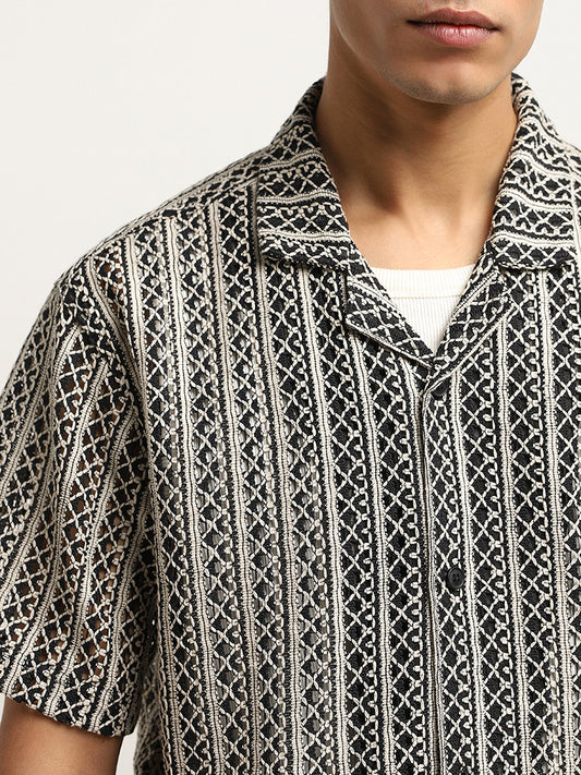 ETA Black Textured Crochet Relaxed-Fit Cotton Shirt