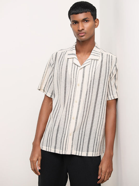 ETA Beige Striped Textured Relaxed-Fit Cotton Blend Shirt