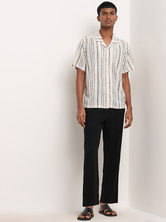 ETA Beige Striped Textured Relaxed-Fit Cotton Blend Shirt
