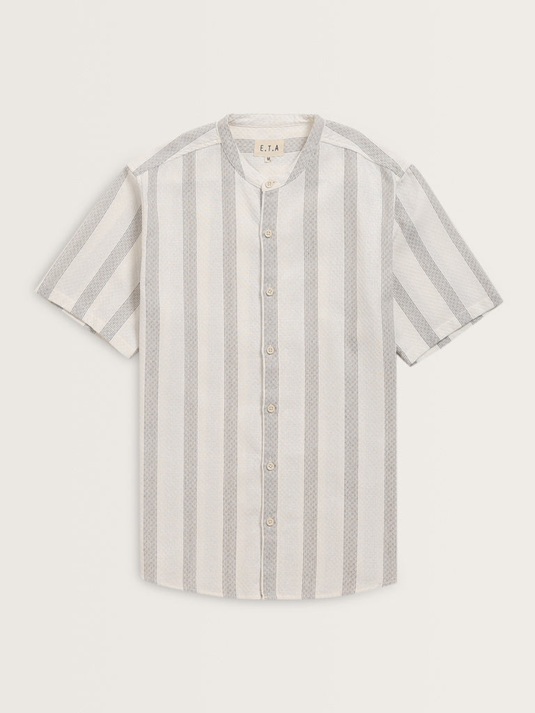 ETA Off-White Striped Design Resort-Fit Cotton Shirt